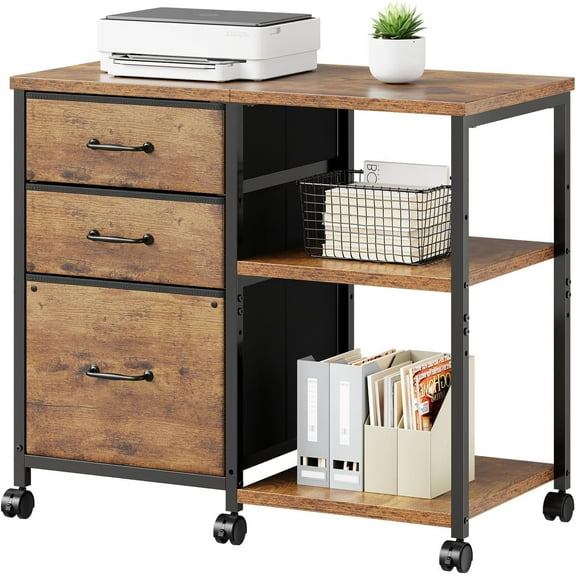 3 Drawer File Cabinet with Wheels Rolling Printer Stand with Open Storage Shelf Fabric Lateral Filing Cabinet for Home Office,Rustic Brown2