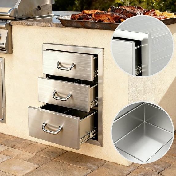 3-Drawer Flush Mount Triple Drawer, Stainless Steel BBQ Drawers, 18''W x 23''H x 23''D Outdoor Kitchen Cabinets with 3 x 48LBS/Tier Design for Grill Station, Outdoor BBQ