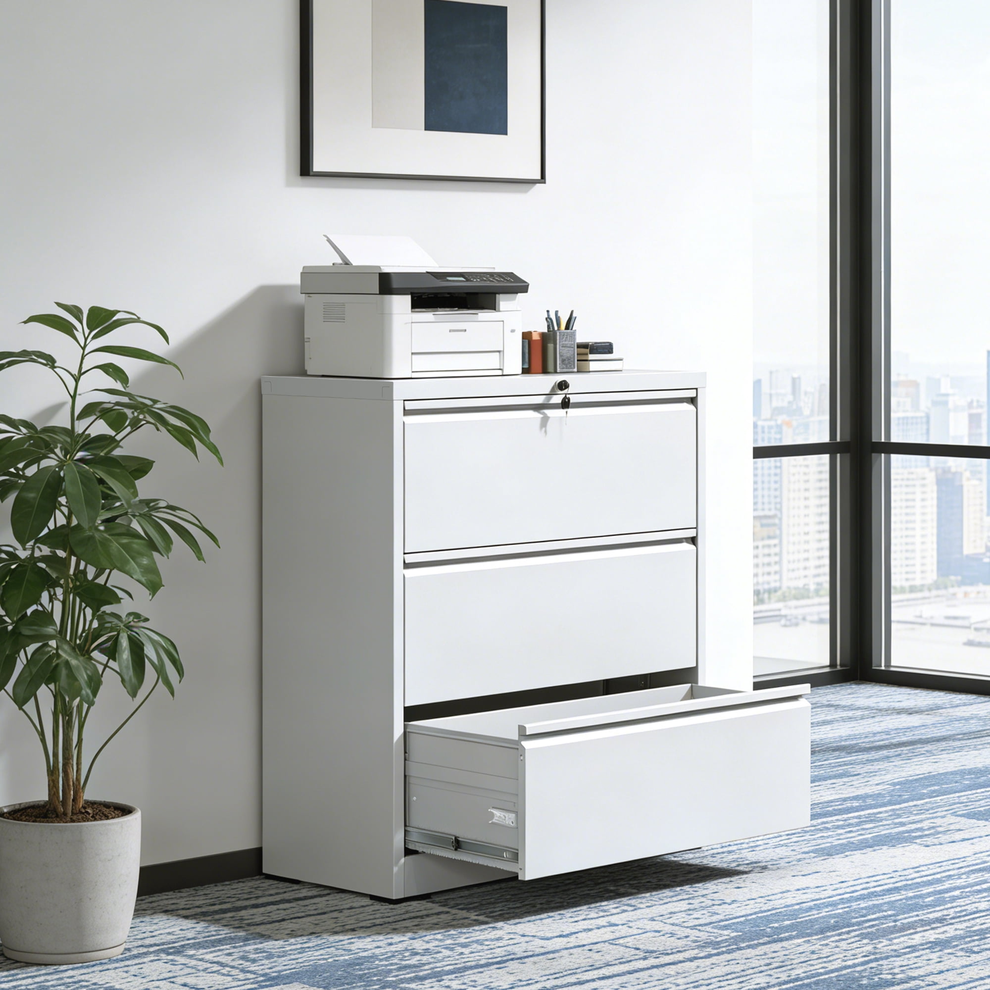 3 Drawer Lateral File Cabinet, 35.4" Wide Metal Filing Cabinet, Locking Heavy Duty File Cabinet for Home Office, Anti-Tip Safety Interlock, Vertical Storage for Letter/Legal/A4 Files