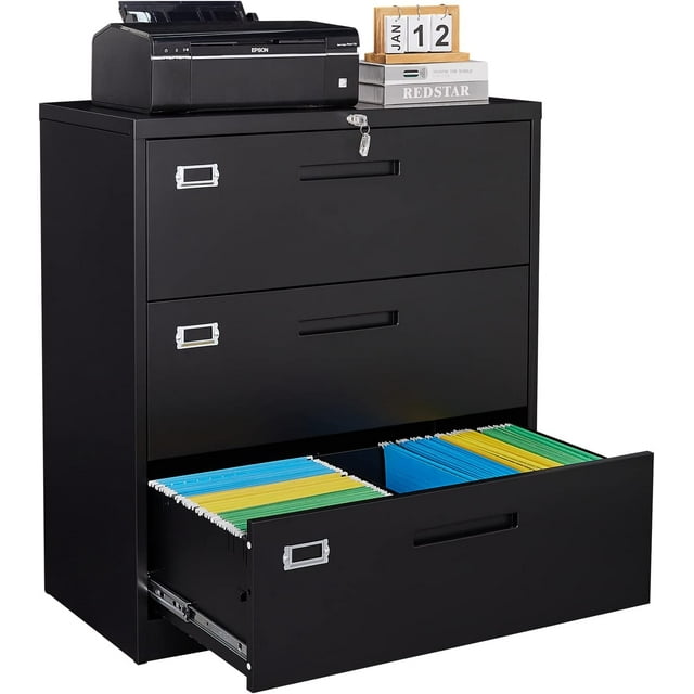 3 Drawer Lateral File with Lock,Black Lateral Filing