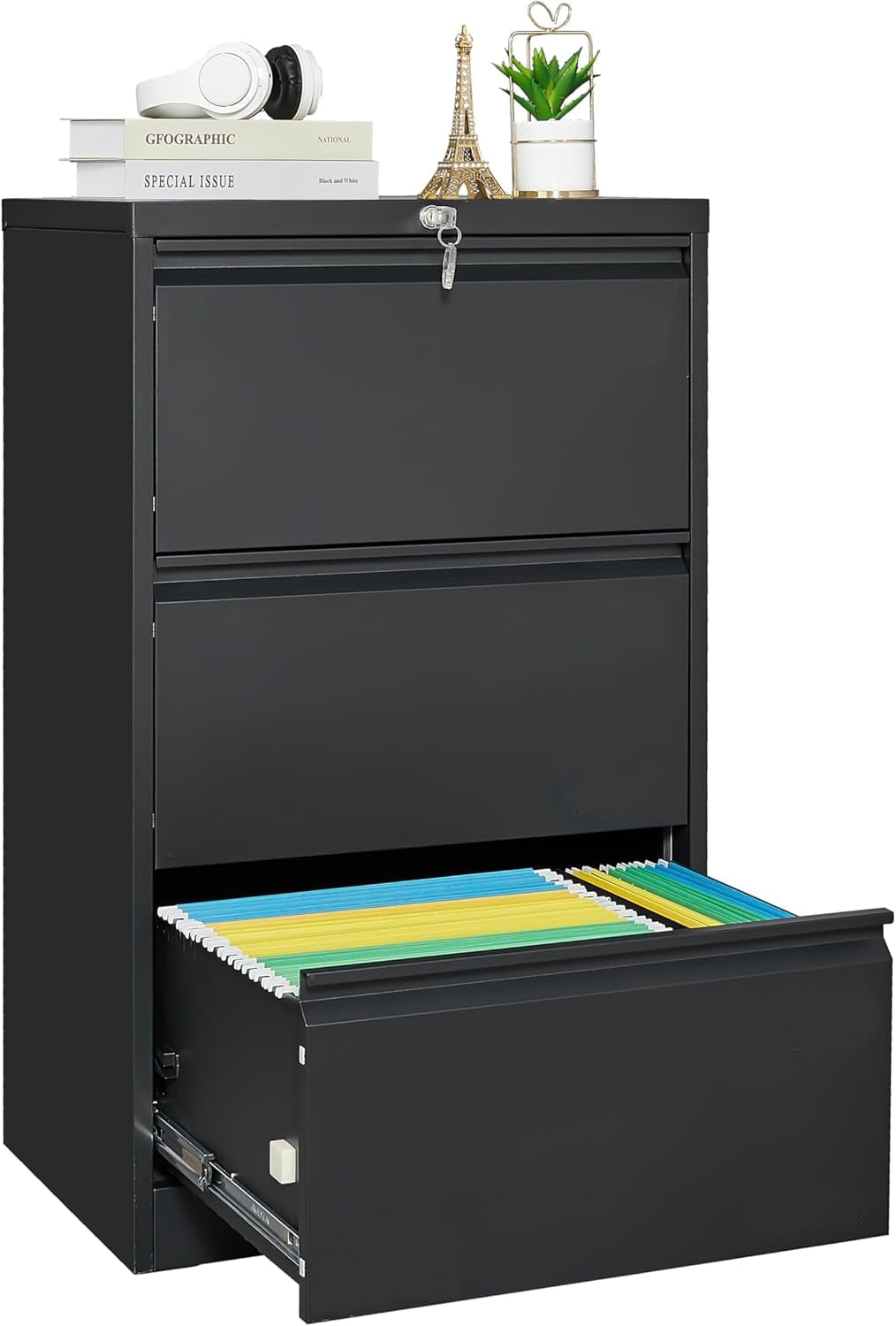 3 Drawer Lateral File Cabinet with Lock, Heavy Duty Metal Filing Cabinet for Home Office, Wide Lockable Drawers & Business Card Holder, Fits Legal/Letter/F4/A4 Hanging Files, Black File Cabinet