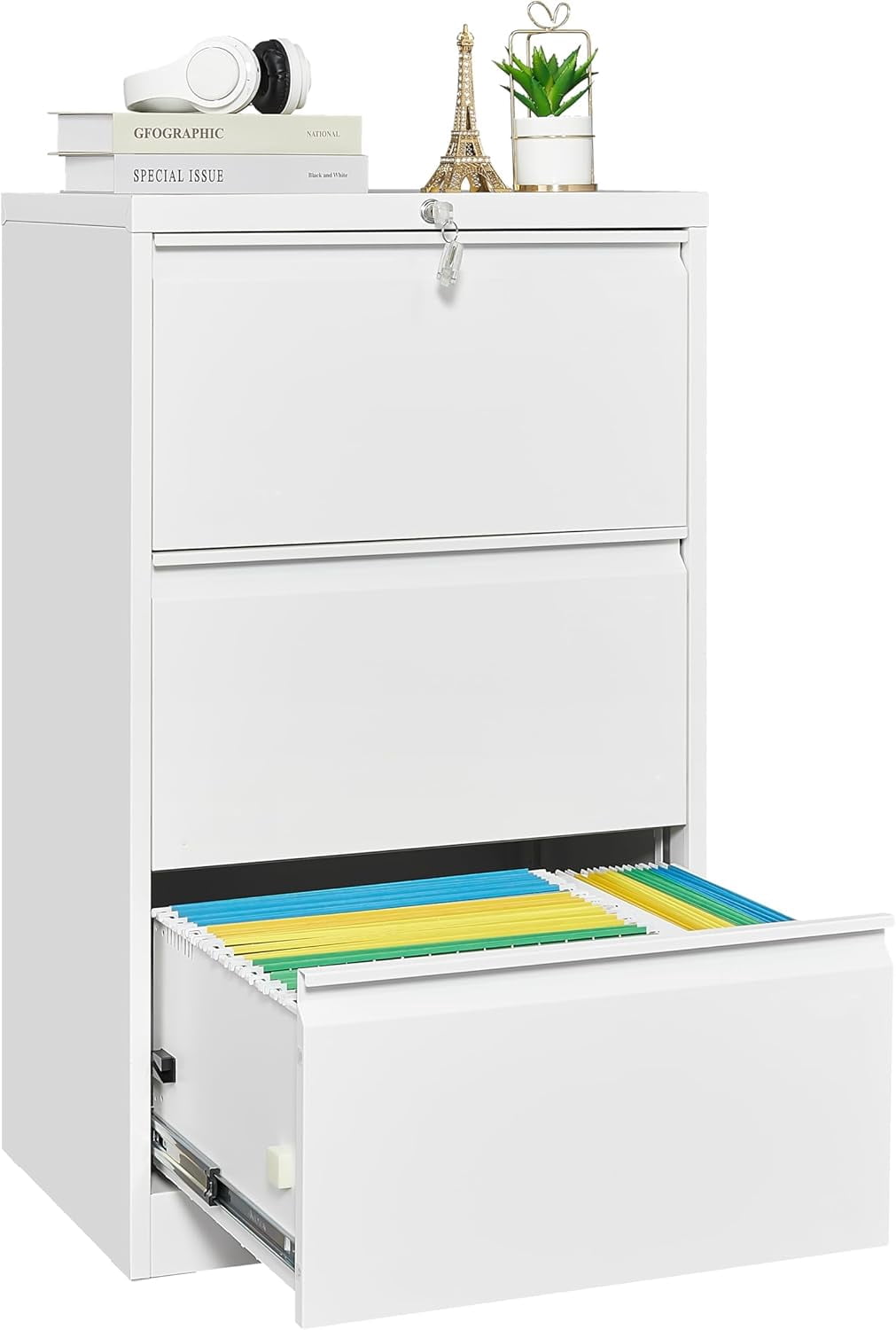 3 Drawer Lateral File Cabinet with Lock, Heavy Duty Metal Filing Cabinet for Home Office, Wide Lockable Drawers & Business Card Holder, Fits Legal/Letter/F4/A4 Hanging Files, Black File Cabinet
