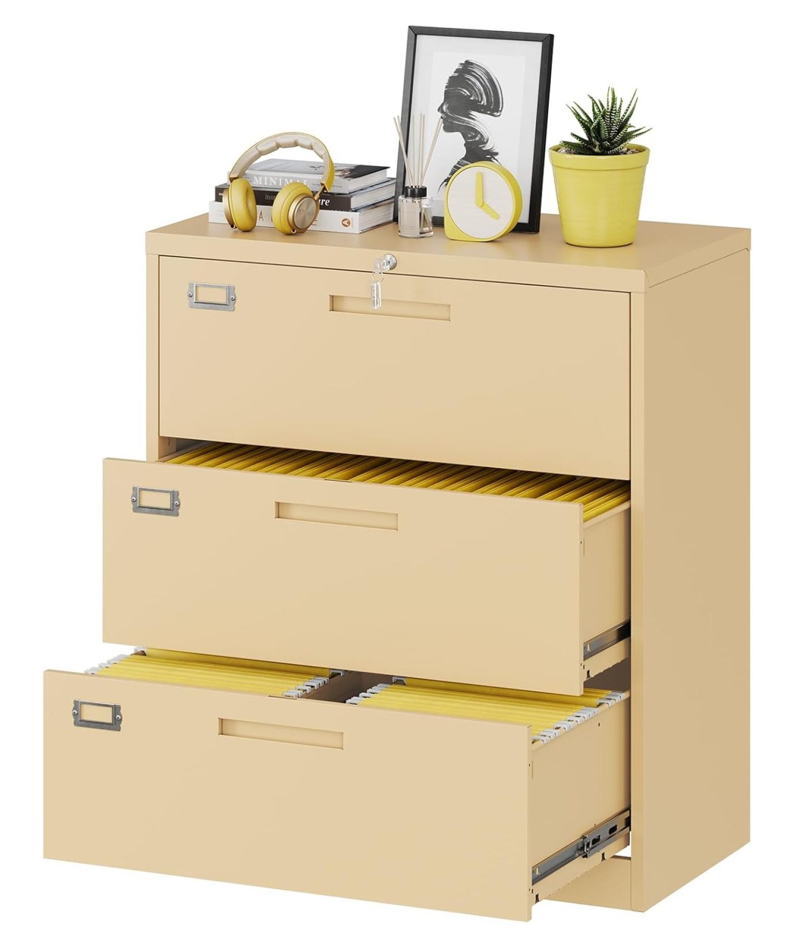 3 Drawer Lateral File with Lock, Metal Steel Filling