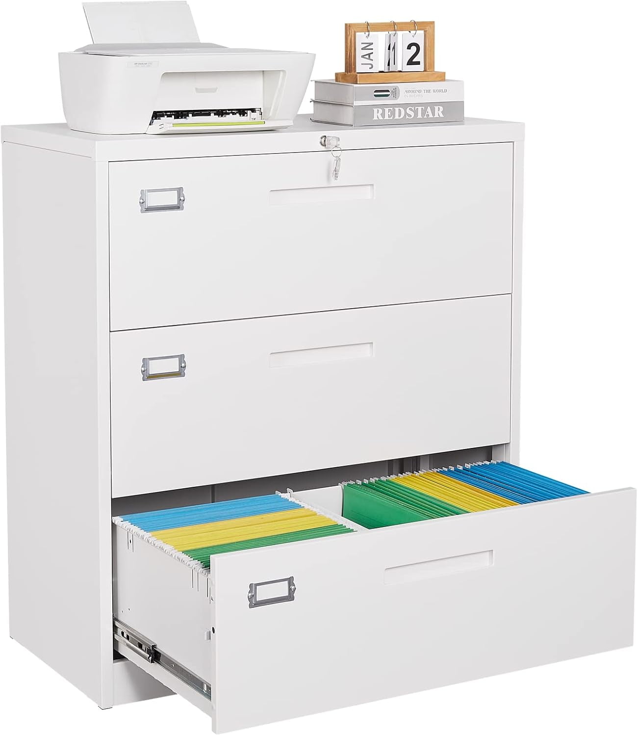 3 Drawer Lateral File with Lock,White Lateral Filing