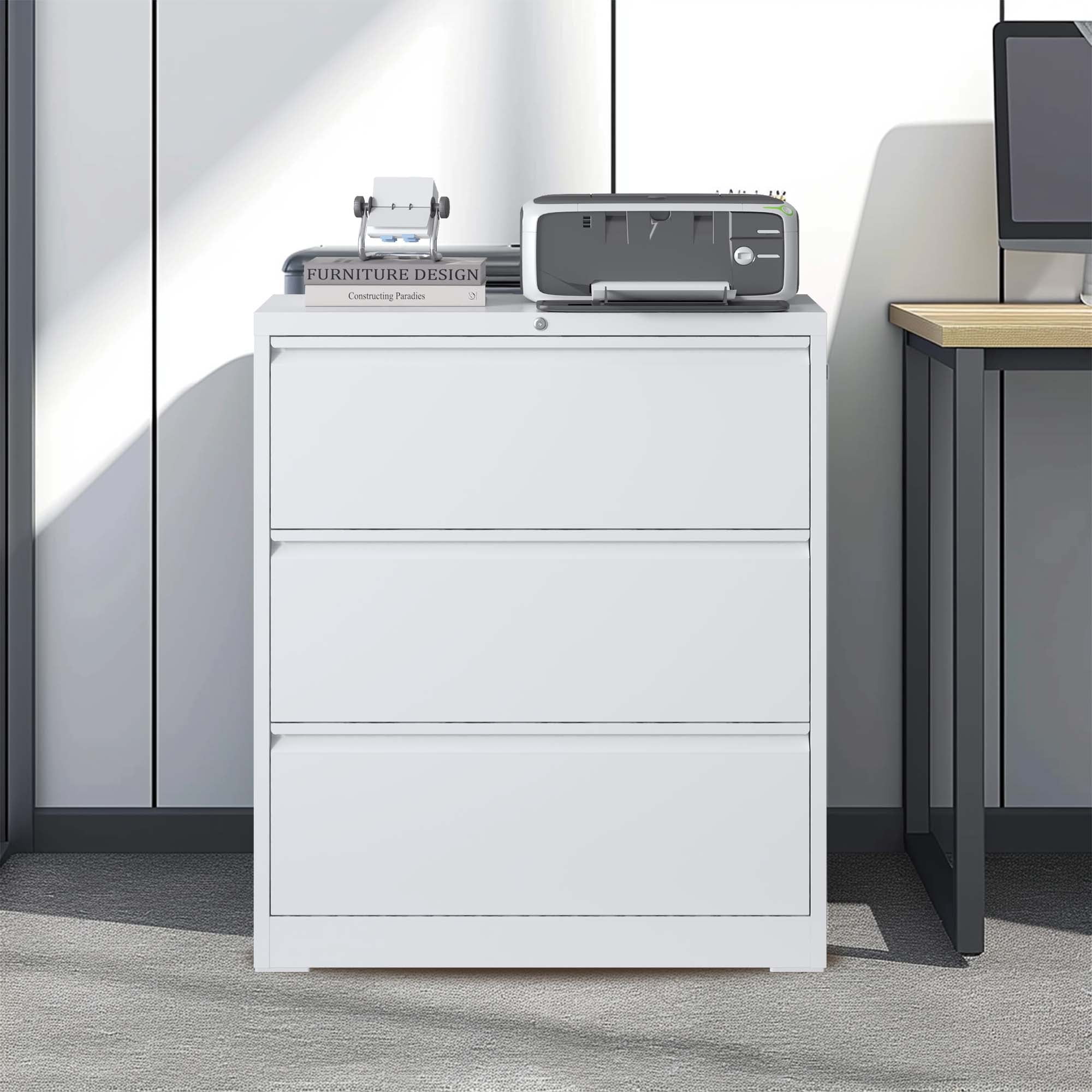 3-Drawer Lateral File Cabinet White Metal Filing Cabinet Locking Storage with Lock for Home Office Legal/Letter/A4/F4 Size Documents