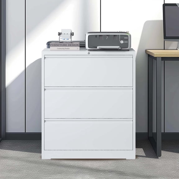 3-Drawer Lateral File Cabinet White Metal Filing Cabinet Locking Storage with Lock for Home Office Legal/Letter/A4/F4 Size Documents