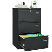 3 Drawer Lateral File Cabinet with Lock, Metal Vertical Filing Cabinet for Home Office/Legal/Letter/A4 Size with Hanging Bar, Black