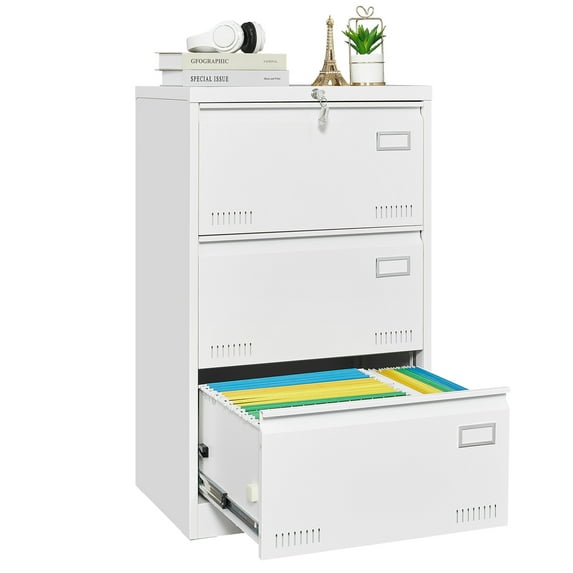 3 Drawer Lateral File Cabinet with Lock, Metal Vertical Filing Cabinet for Home Office/Legal/Letter/A4 Size with Hanging Bar, White