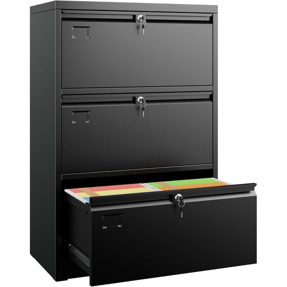 3 Drawer Lateral File Cabinet with Lock & Name Card Slots, Metal Filing Cabinet for Home Office, Individual Locking System, for Letter/Legal Size