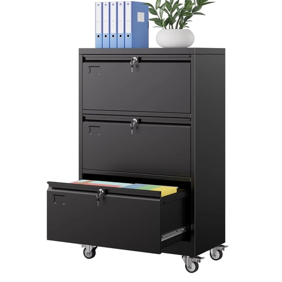 3 Drawer Lateral File Cabinet with Wheels, Lockable Metal Filing Cabinet for Home Office & School, Black