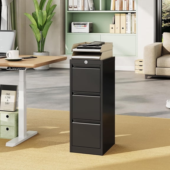 3-Drawer Lockable Filing Cabinet – Metal Office Storage Cabinet with Steel Drawer Organizer – For Letter/Legal/A4 – Compact, Smooth Sliding Drawers