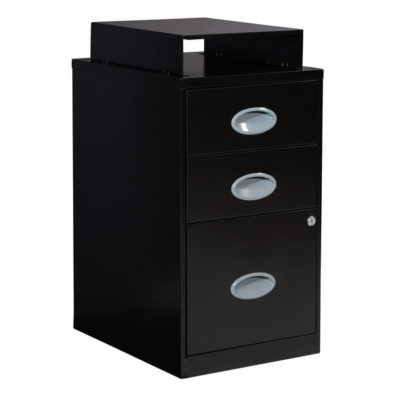 3 Drawer Locking Metal File Cabinet w/ Top Shelf in Black