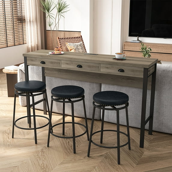 3-Drawer Long Dining Table Set With Power Outlets 3 PU Circular Stools Bar Kitchen Table Set Easy Assemble Dining Table Set For Living Room Dining Room Kitchen