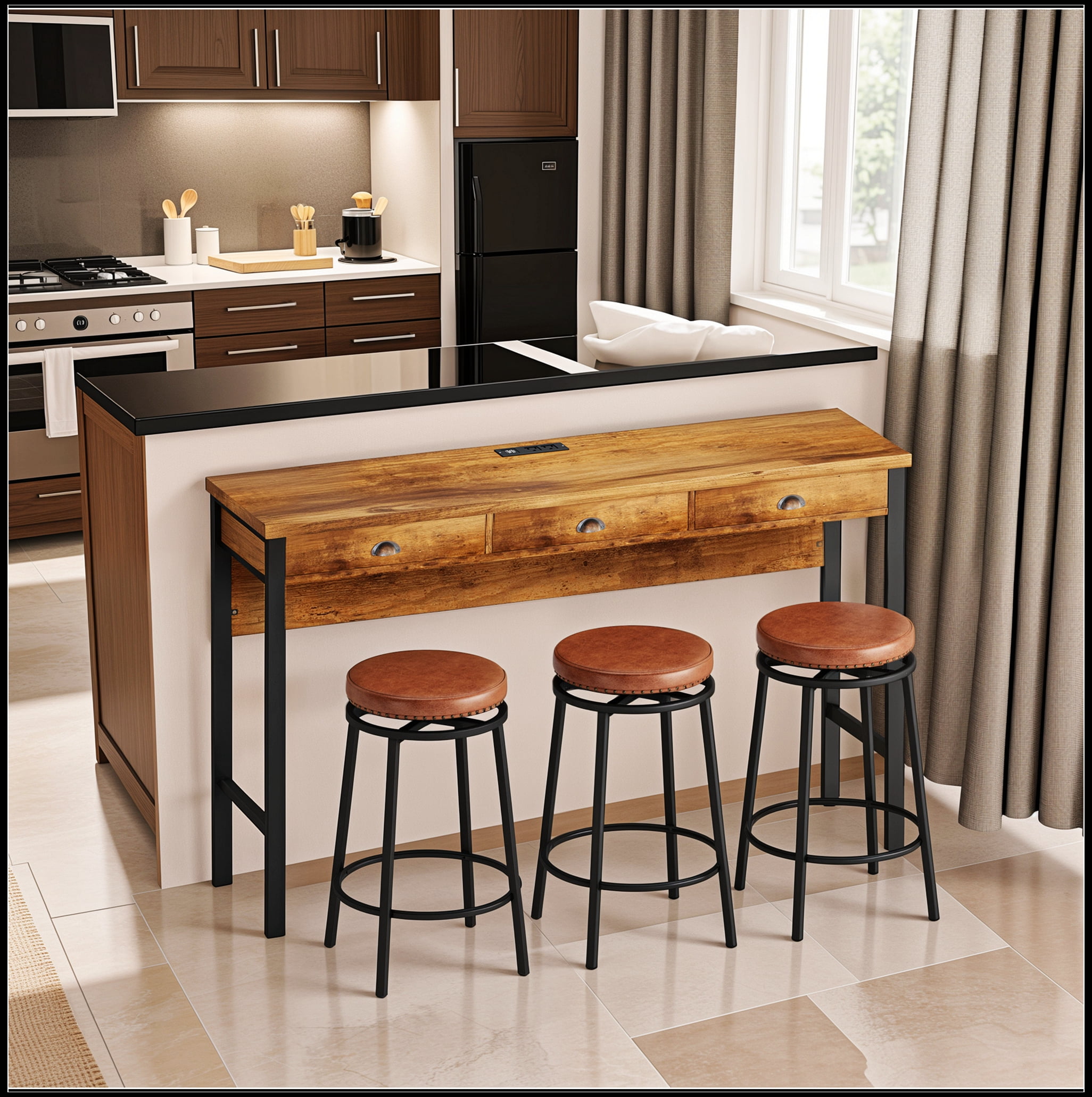 3-Drawer Long Dining Table Set with Power Outlets, Bar Kitchen Table ...