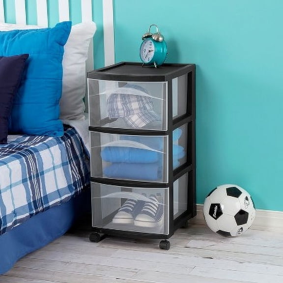 3 Drawer Medium Cart Black- Plastic Storage Drawers with Casters, Portable Utility Storage, No Assembly
