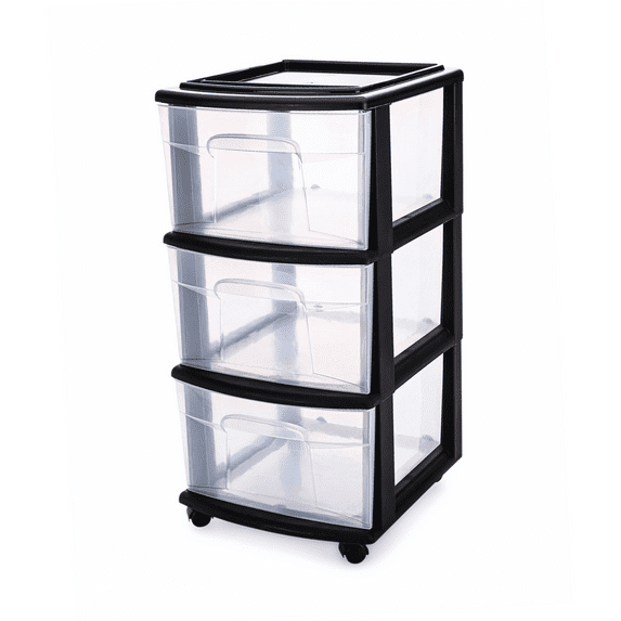 Open Box 3 Drawer Medium Home Storage Container, Clear Drawers & Black Frame