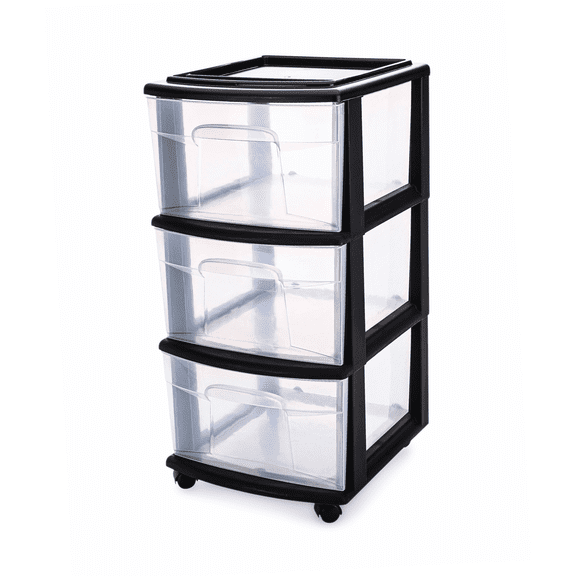 Open Box 3 Drawer Medium Home Storage Container, Clear Drawers & Black Frame