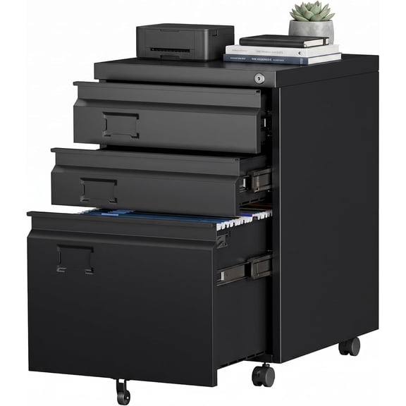 3 Drawer Metal File Cabinet with Wheels, Under Desk Rolling Filing Cabinet for A4/Letter/Legal Size, Lockable Mobile File Cabinet for Home Office, Black, Assembly Required