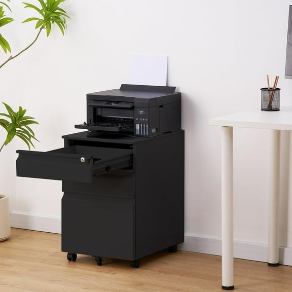 3 Drawer Metal Filing Cabinet with Lock, Black Mobile File Cabinets for Home Office, Under Desk Rolling Storage for Legal Letter A4 Files