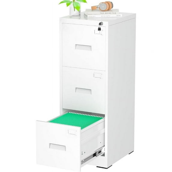 3 Drawer Metal Locking File Cabinet for Home Office, Rolling Cabinet Fully Assembled White-Vertical