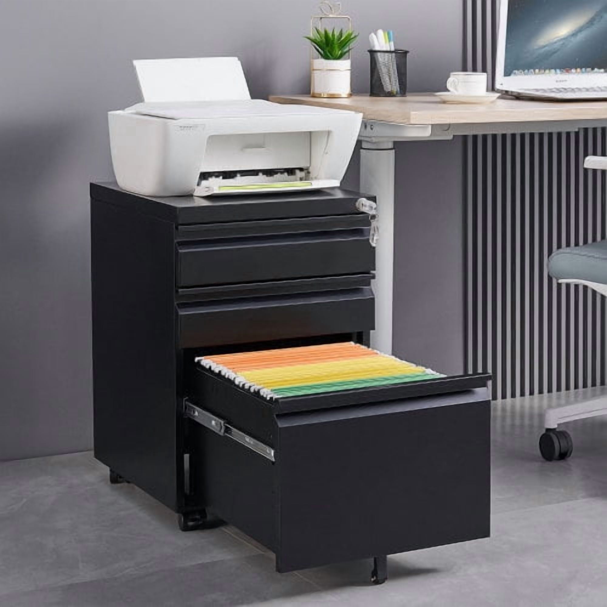 3 Drawer Metal Mobile File Cabinet with Lock, Anti-Tip Rolling Filing ...