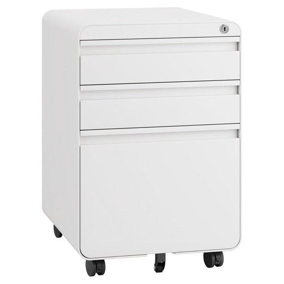 3 Drawer Metal Rolling File Cabinet, White Under Desk Filing Cabinet, Lockable 15.7-inch Wide Document Storage with Anti-Tilt Design, Full-Extension Drawers, Pencil Tray, 330 lbs Weight Capacity
