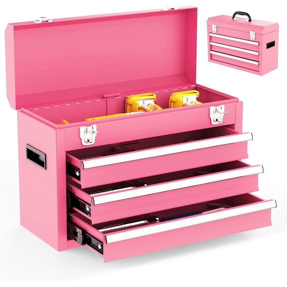 3 Drawer Metal Tool Box, Portable Metal Tool Box with EVC Liners and Latches Closure, Heavy Duty Steel Tool Chest with Ball Bearing Opening and  Coated Finish,