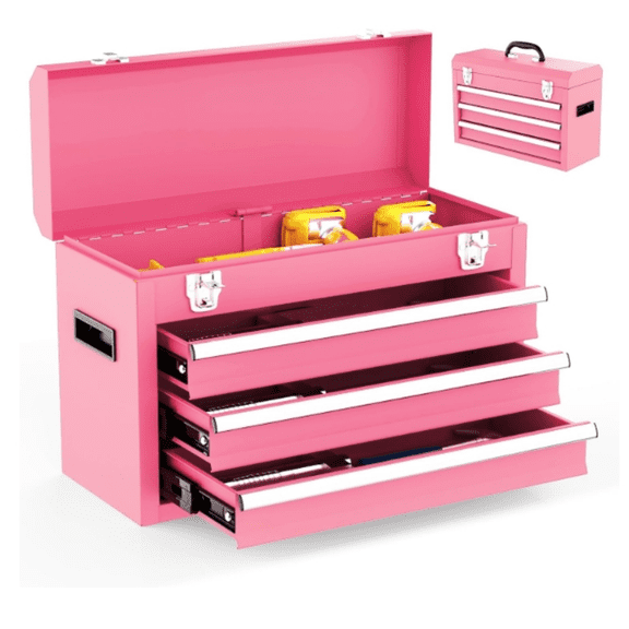 3 Drawer Metal Tool Box, Portable Metal Tool Box with EVC Liners and Latches Closure, Heavy Duty Steel Tool Chest with Ball Bearing Opening and Powder Coated Finish, Pink
