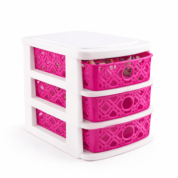 3 Drawer Mini Plastic Organizer  Hot Pink Basket Weave Storage Unit for Makeup, Crafts, Office Supplies  Compact Desktop Drawer Organizer