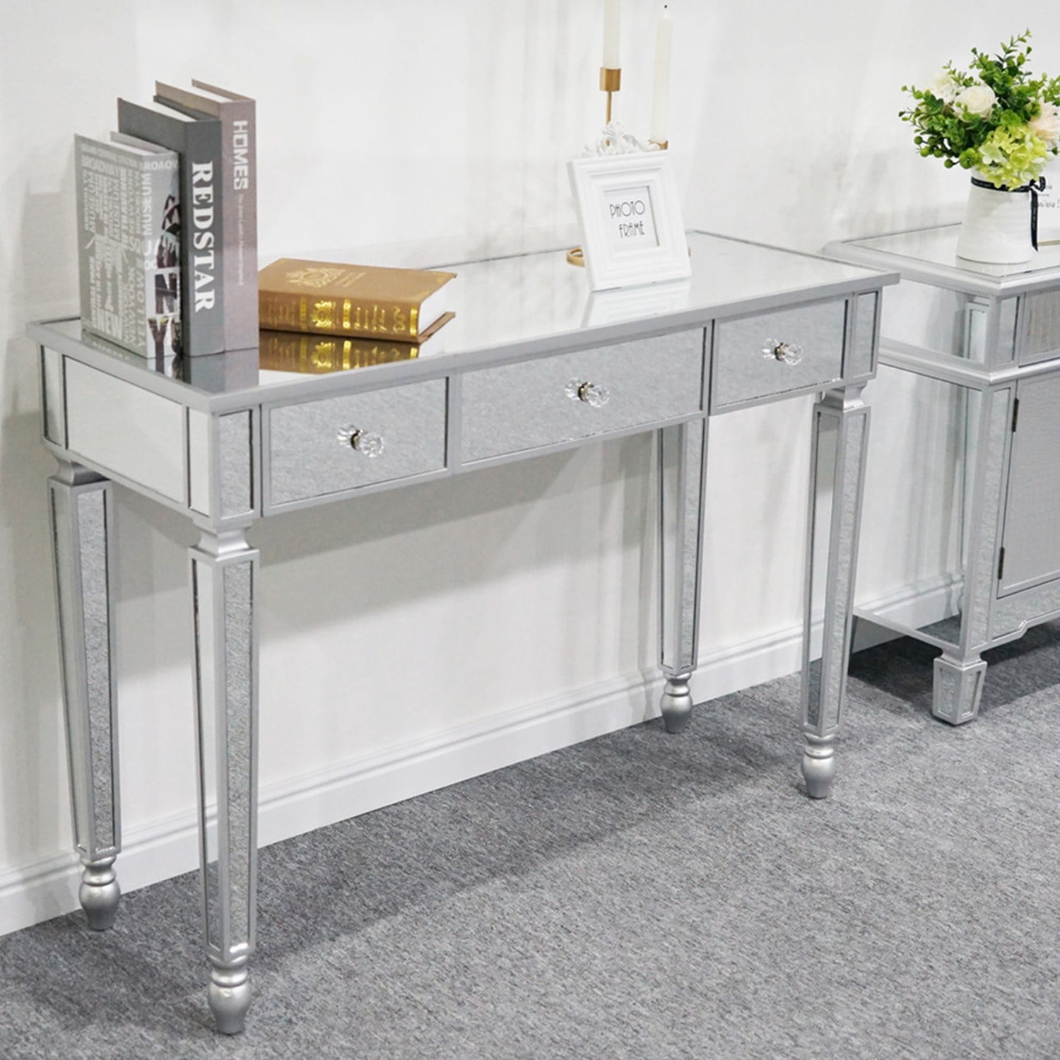 3-Drawer Mirrored Dressing Table Entryway Table 41.73 x 14.96 x 29.92in Silver
