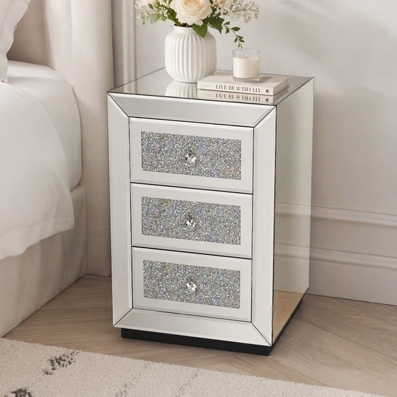 3-Drawer Mirrored Nightstand Bedside Table Glass Accent End Table, Silver