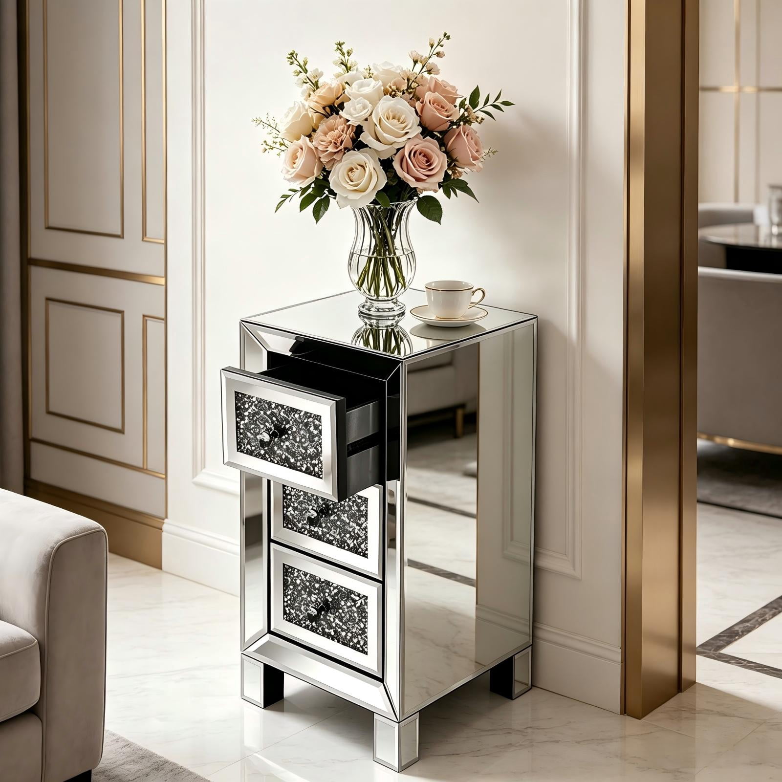3-Drawer Mirrored Nightstand with Crushed-Diamond Drawer Fronts, Slim Bedside Table for Bedroom, Dressing Room, or Guest Room