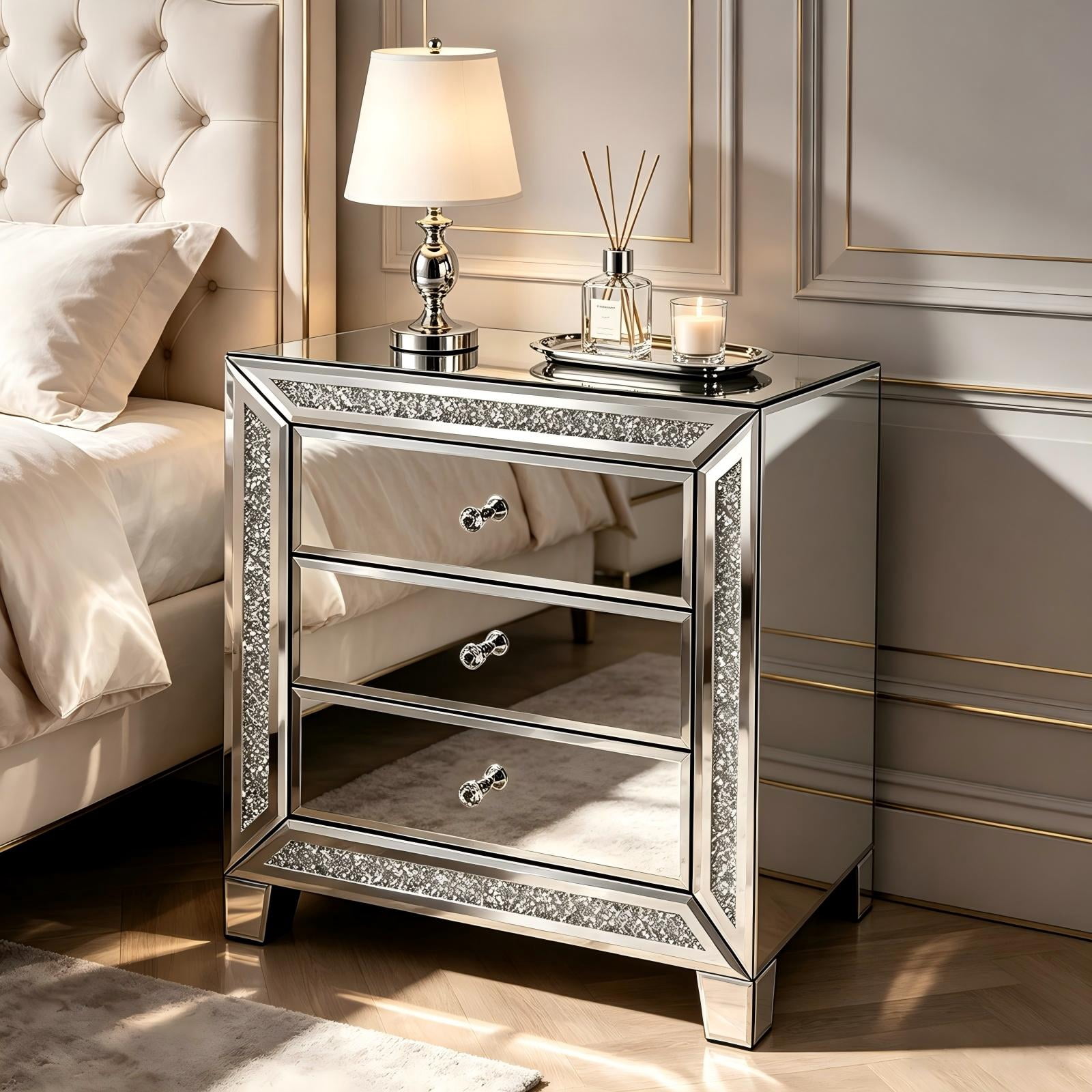 3-Drawer Mirrored Nightstand with Diamond Accents, MDF Bedside Table and Storage Cabinet, for Bedroom, Sofa Side, Entryway