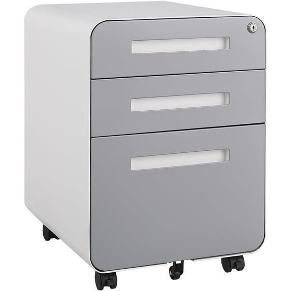 3-Drawer Mobile File Cabinet, Anti-Tilting Cold Rolled Steel Storage Cabinet with 5 Wheels, Versatile Under Desk Office Cabinet for Legal/Letter/A4 Files, Waterproof Moisture-Proof, White+gray