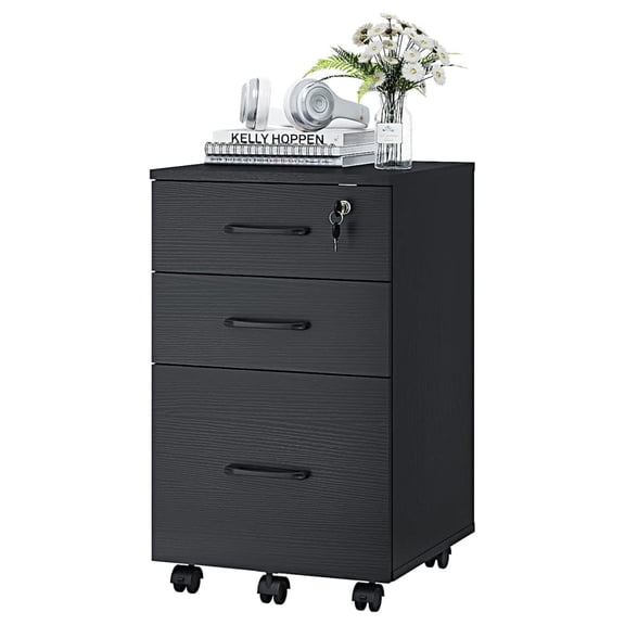 3 Drawer Mobile File Cabinet, Under Desk File Storage - Black Wood File Cabinet for Home Office, 24" Height, Letter/A4/Legal, Lockable Wheels & Interlock System