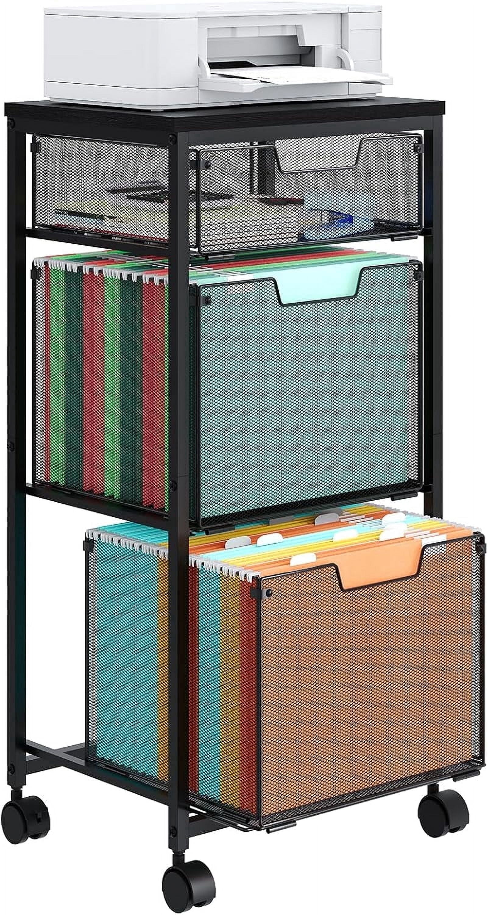 X-COSRACK 3-Drawer Mobile File Cabinet with Mesh Drawers, Wood Top Rolling Printer Stand for Home Office, Letter Size Hanging File Folder Organizer Cart on Lockable Wheels, Black