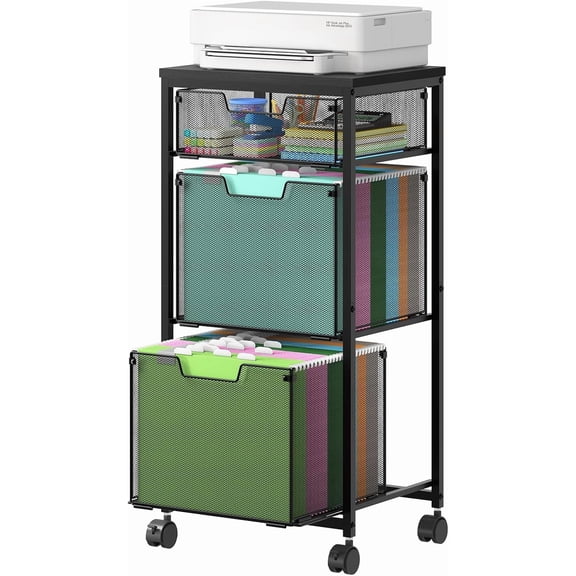 3 Drawer Mobile File Cabinet for Home Office, Rolling Filing Cabinet on Lockable Wheels, Hanging File Folders Organizer, Utility Cart Storage and Organizer, Printer Stand, Black