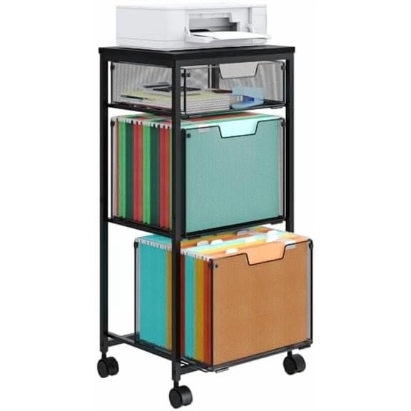 3 Drawer Mobile File Cabinet for Home Office, Rolling Filing Cabinet on Lockable Wheels, Hanging File Folders Organizer, Utility Cart Storage and Organizer, Printer Stand, Black