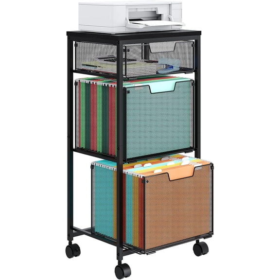 3 Drawer Mobile File Cabinet for Home Office, Rolling Filing Cabinet on Lockable Wheels, Hanging File Folders Organizer, Utility Cart Storage and Organizer, Printer Stand, Black