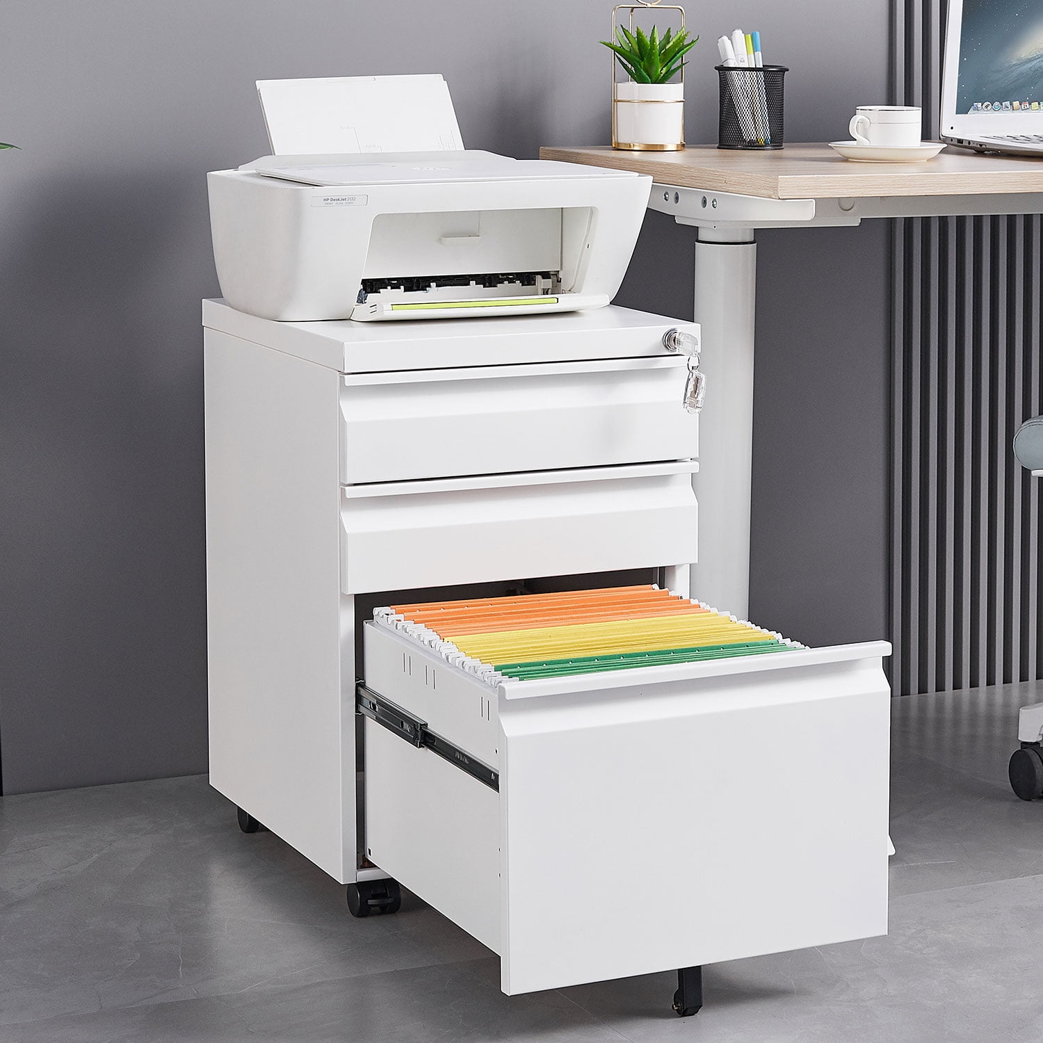 3-Drawer Mobile File Cabinet with Lock, 5 Wheels (2 Brakes+Anti-Tip),Cold Rolled Steel Fully Assembled Metal Filing Cabinet with Pen Tray & Hanging Bar for Home Office, Fits Letter/Legal/A4 Files