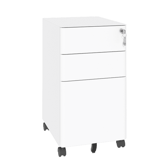 3-Drawer Mobile File Cabinet With Lock, All-Steel Metal Storage On Wheels, Two Shallow & One Deep Drawer For Office/Home, Fully Assembled, White, 110Lbs/Drawer, Anti-Tip Design