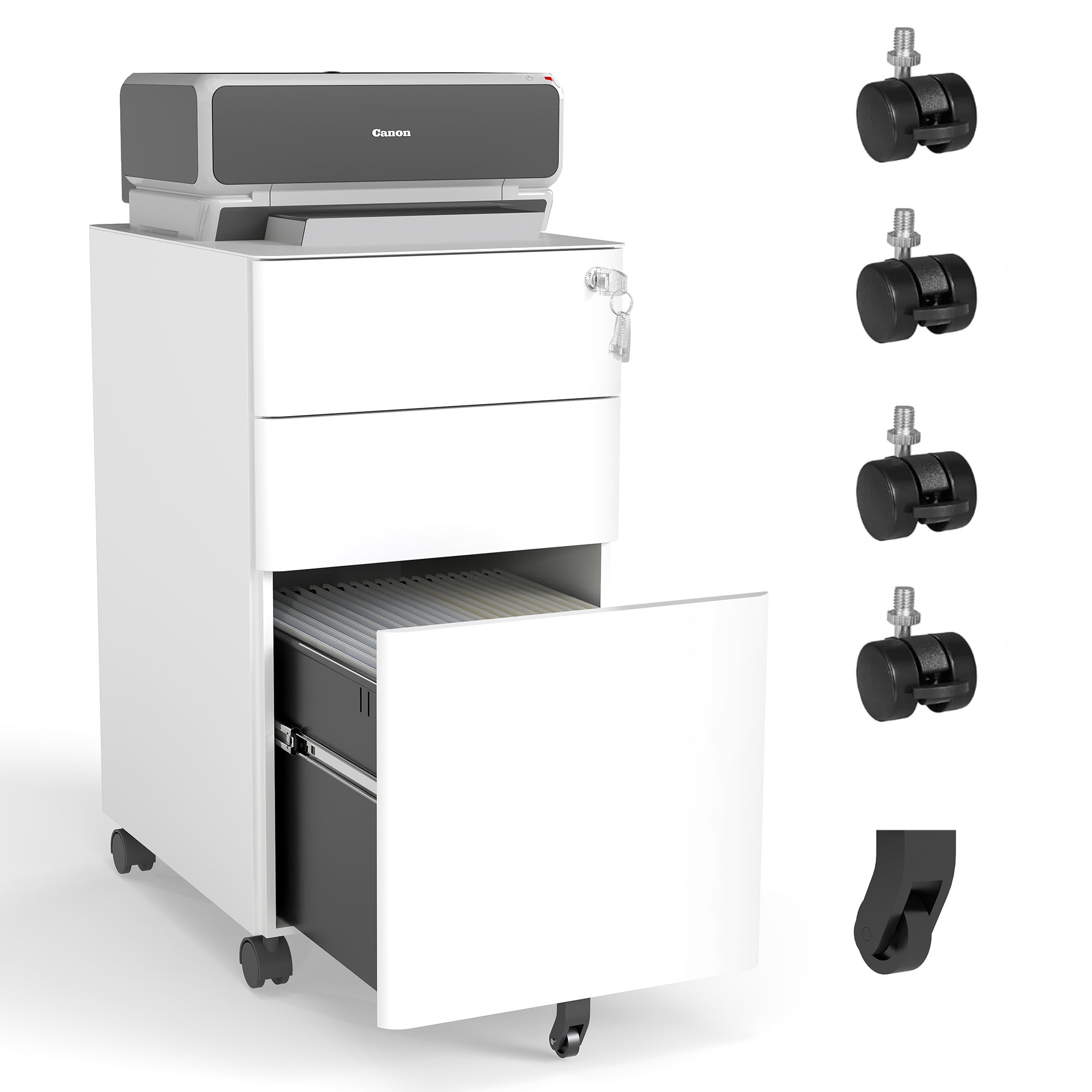 3-Drawer Mobile File Cabinet with Lock, All-Steel Metal Storage on Wheels, Two Shallow & One Deep Drawer for Office/Home, Fully Assembled, White, 110lbs/Drawer, Anti-Tip