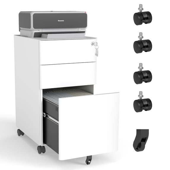 3-Drawer Mobile File Cabinet with Lock, All-Steel Metal Storage on Wheels, Two Shallow & One Deep Drawer for Office/Home, Fully Assembled, White, 110lbs/Drawer, Anti-Tip Design