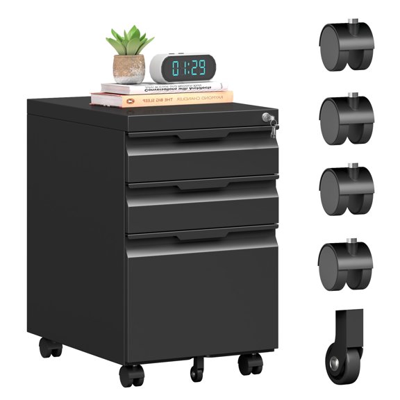 3 Drawer Mobile File Cabinet with Lock, Metal File Cabinets with Wheels,Small Rolling Filing Cabinets for Home Office Fit Hanging Legal/Letter/A4 Documents