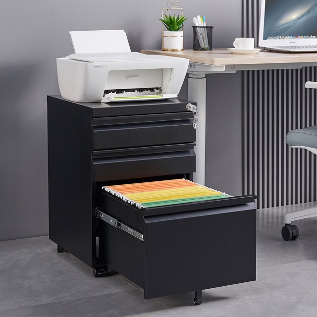 3 Drawer Mobile File with Lock, Metal Rolling Filing