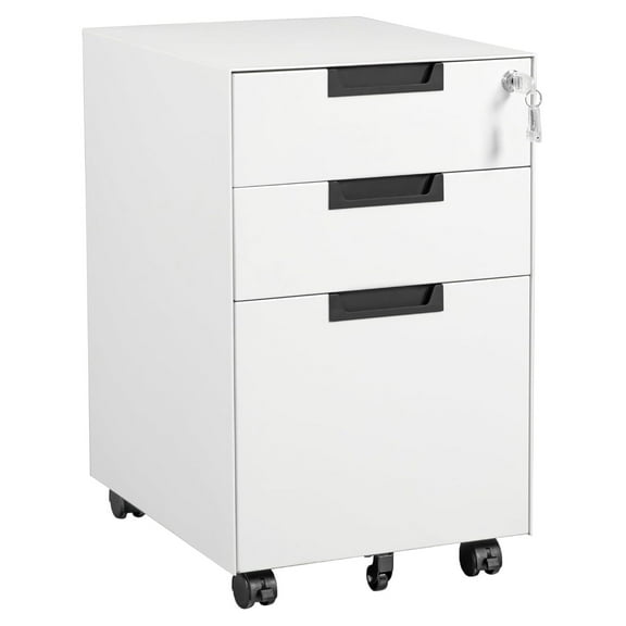 3 Drawer Mobile File Cabinet with Lock,Under Desk Metal Small Filing Cabinets for Home Office Organizer Letters/Legal/A4(Fully Assembled Except Wheels-White)