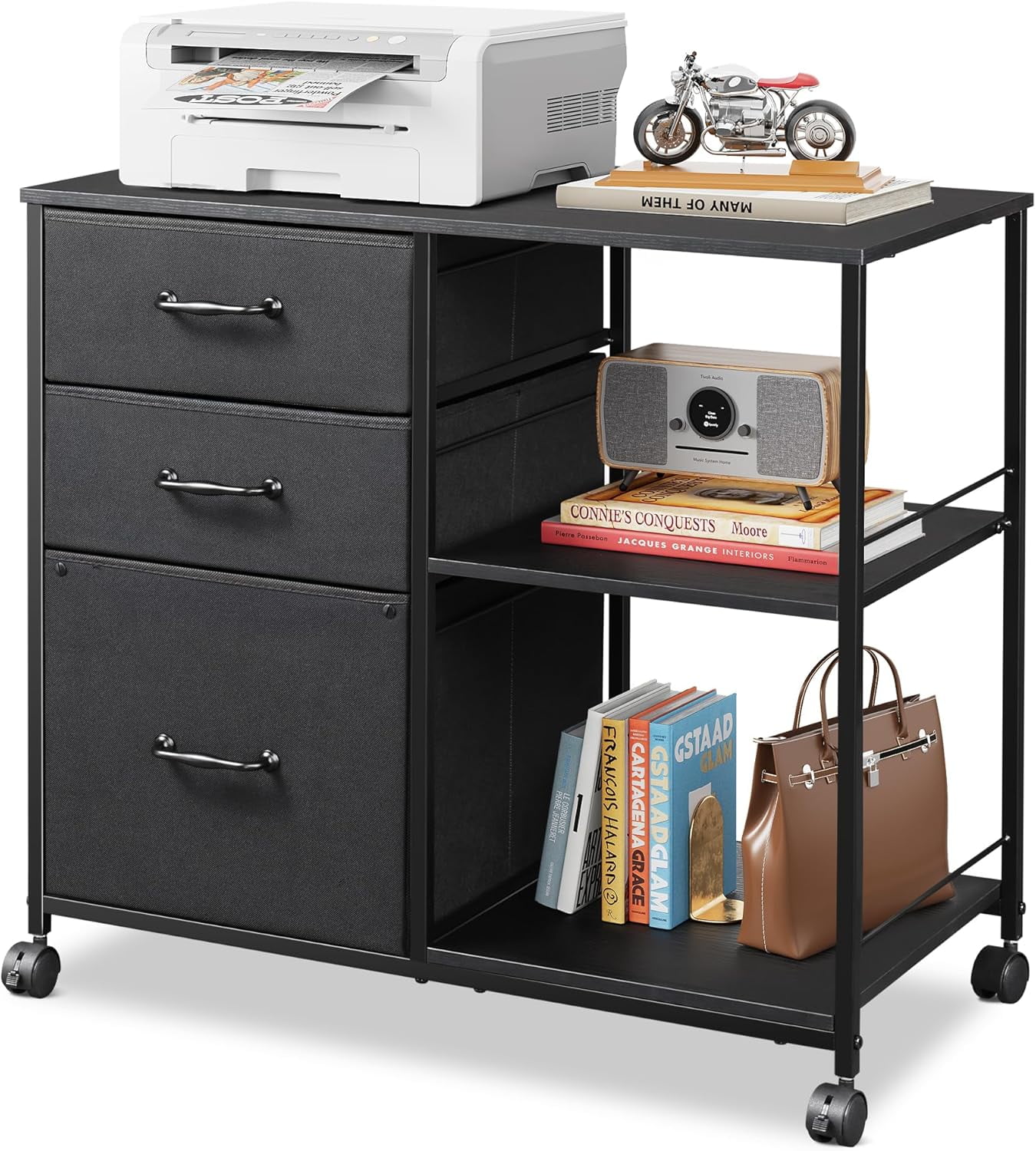 4 Drawer Lateral File Cabinet With Outlet & LED Lights - Printer Stand, Open Shelves, For A4/Letter, Home Office, Black