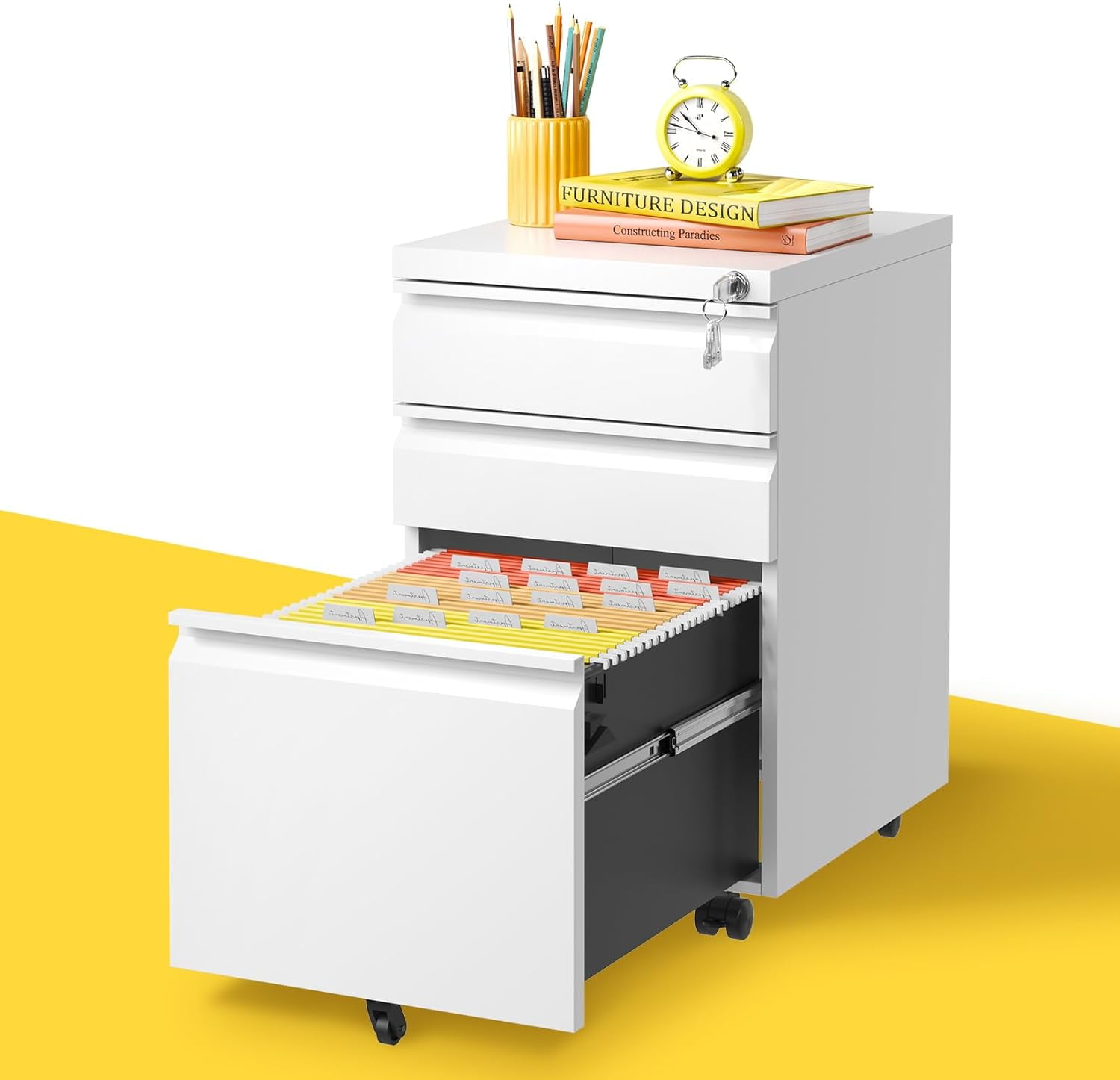 3 Drawer Mobile File White Metal Under Desk Filing