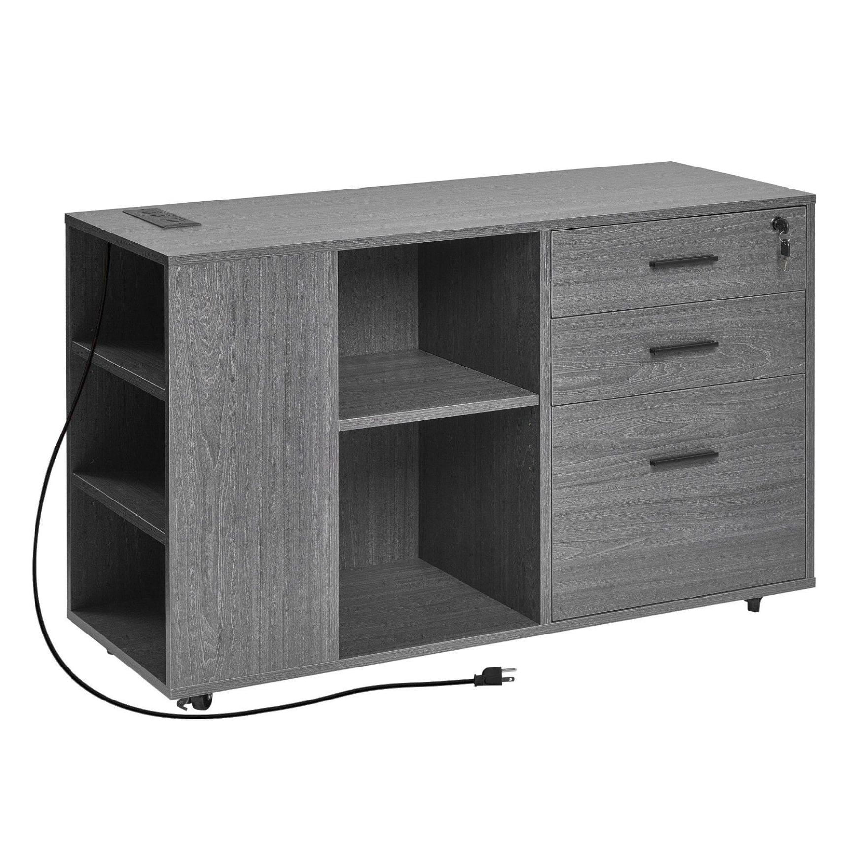 3 Drawer File Cabinet Mobile, Wooden Filing Cabinet with Power Strip - Gray Office Storage