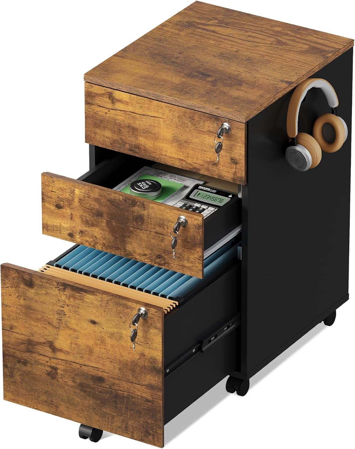 3-Drawer Mobile File Cabinet with Individual Locks, Wood Filing Cabinet ...